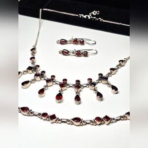 Genuine Garnet and Sterling Silver Set (Necklace, Bracelet, & Earrings)